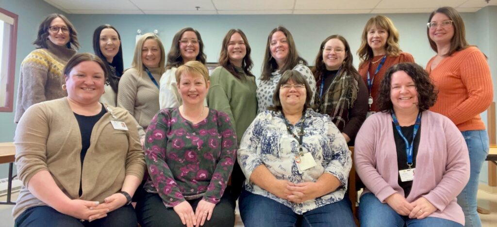 The adult eating disorder team
Back row (L-R): Nancy Rogers, dietitian; Samantha Scurrey, psychologist; Leah Bartlett, dietitian; Susan Pardy, psychologist; Taylor Hiscock, physiotherapist; Jennifer Vickery, psychologist; Jess Kieley, occupational therapist; Kelly Maloney, clinical leader/dietitian and Leah Thorne, receptionist.
Front row (L-R): Amy Martin, social worker; Kelly Yetman, occupational therapy assistant; Cynthia Burt, intake coordinator/nurse and Ashley Walsh, occupational therapist.